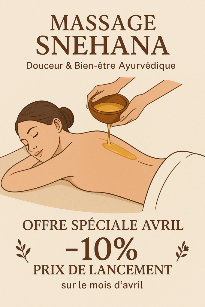 Image d'une personne massée à l'huile, massage snehana ayurvédique, offre de lancement pour avril, réduction de 10%