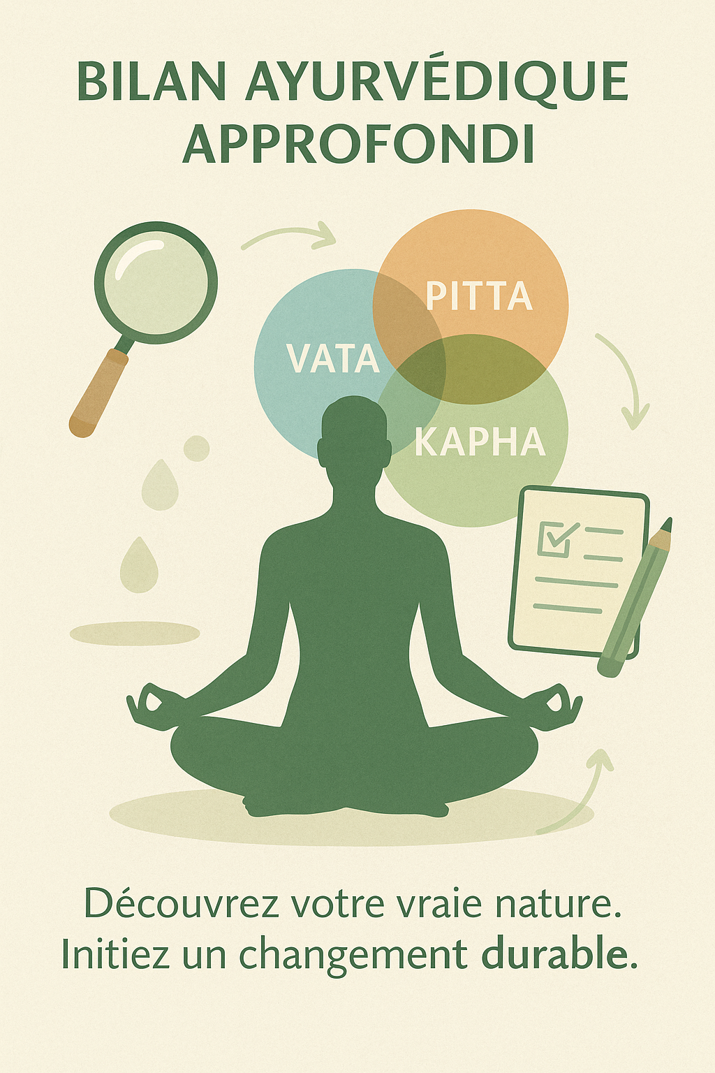 Accompagnement OFFRE BILAN AYURVEDIQUE APPROFONDI Toute personne en quête de compréhension personnelle profonde. Diagnostic ayurvédique, Restitution, Suivi
Découvrez votre vraie nature. Initiez un changement durable.