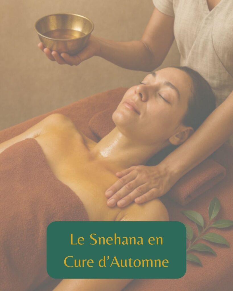 Massage ayurvédique Snehana avec huile tiède pour apaiser le dosha Vata, nourrir le corps et favoriser la détente à l'automne.